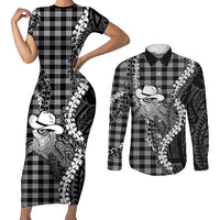 Black Hawaii Palaka Cowboy Turtle Couples Matching Short Sleeve Bodycon Dress and Long Sleeve Button Shirt Hawaiian Paniolo Puakenikeni Maile Lei