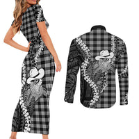 Black Hawaii Palaka Cowboy Turtle Couples Matching Short Sleeve Bodycon Dress and Long Sleeve Button Shirt Hawaiian Paniolo Puakenikeni Maile Lei