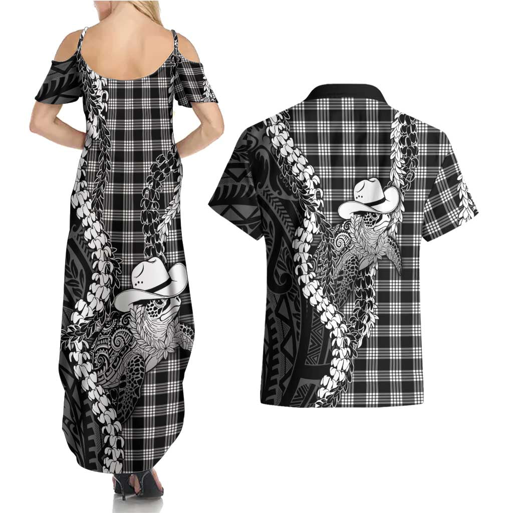 Black Hawaii Palaka Cowboy Turtle Couples Matching Summer Maxi Dress and Hawaiian Shirt Hawaiian Paniolo Puakenikeni Maile Lei DT05 - Polynesian Pride