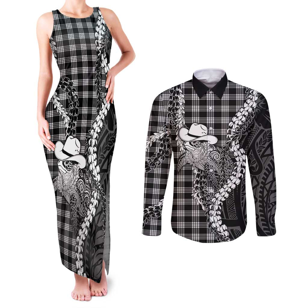 Black Hawaii Palaka Cowboy Turtle Couples Matching Tank Maxi Dress and Long Sleeve Button Shirt Hawaiian Paniolo Puakenikeni Maile Lei