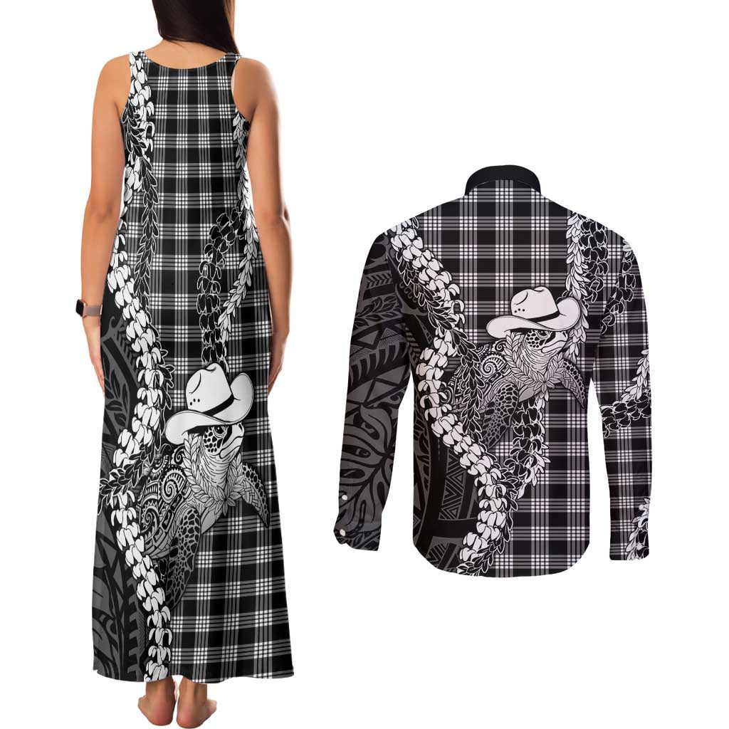 Black Hawaii Palaka Cowboy Turtle Couples Matching Tank Maxi Dress and Long Sleeve Button Shirt Hawaiian Paniolo Puakenikeni Maile Lei