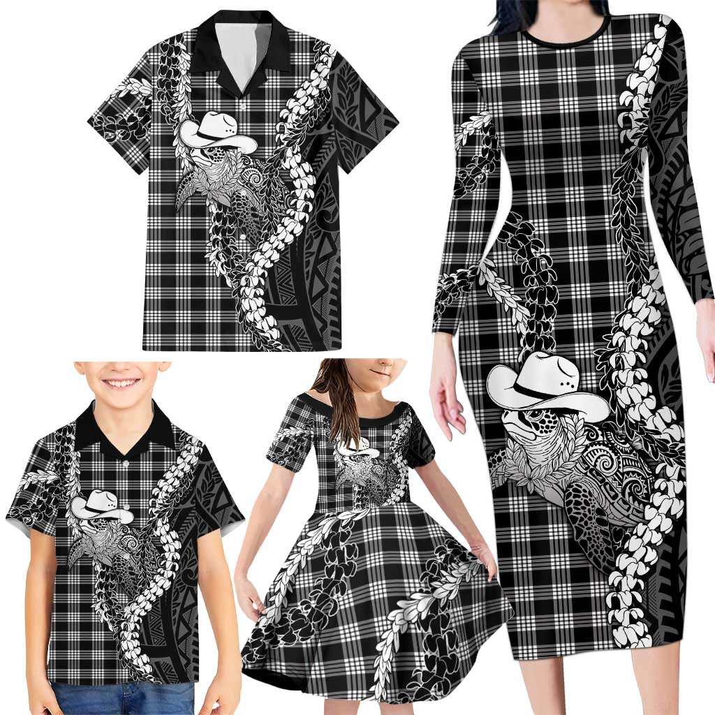 Black Hawaii Palaka Cowboy Turtle Family Matching Long Sleeve Bodycon Dress and Hawaiian Shirt Hawaiian Paniolo Puakenikeni Maile Lei DT05 - Polynesian Pride