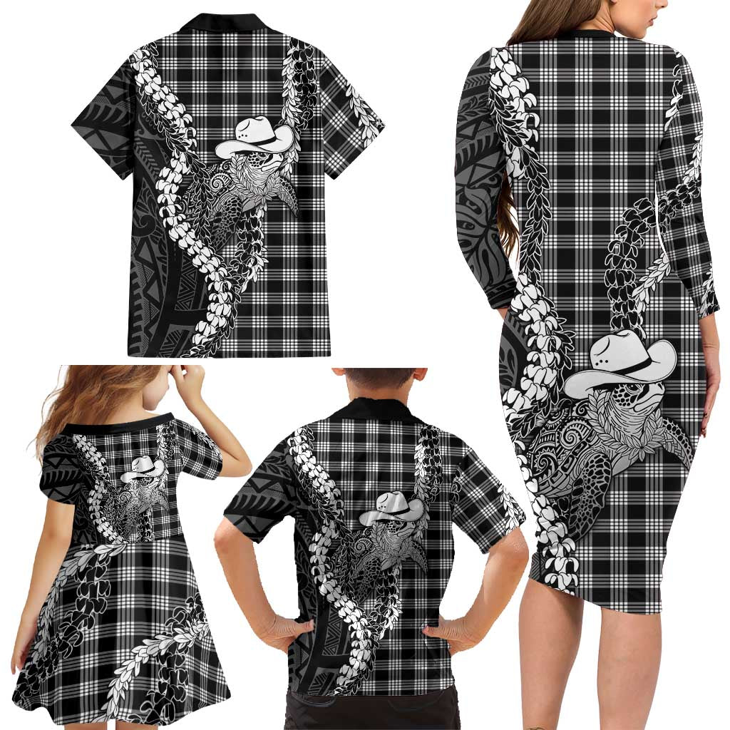 Black Hawaii Palaka Cowboy Turtle Family Matching Long Sleeve Bodycon Dress and Hawaiian Shirt Hawaiian Paniolo Puakenikeni Maile Lei DT05 - Polynesian Pride