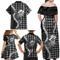 Black Hawaii Palaka Cowboy Turtle Family Matching Off Shoulder Maxi Dress and Hawaiian Shirt Hawaiian Paniolo Puakenikeni Maile Lei DT05 - Polynesian Pride