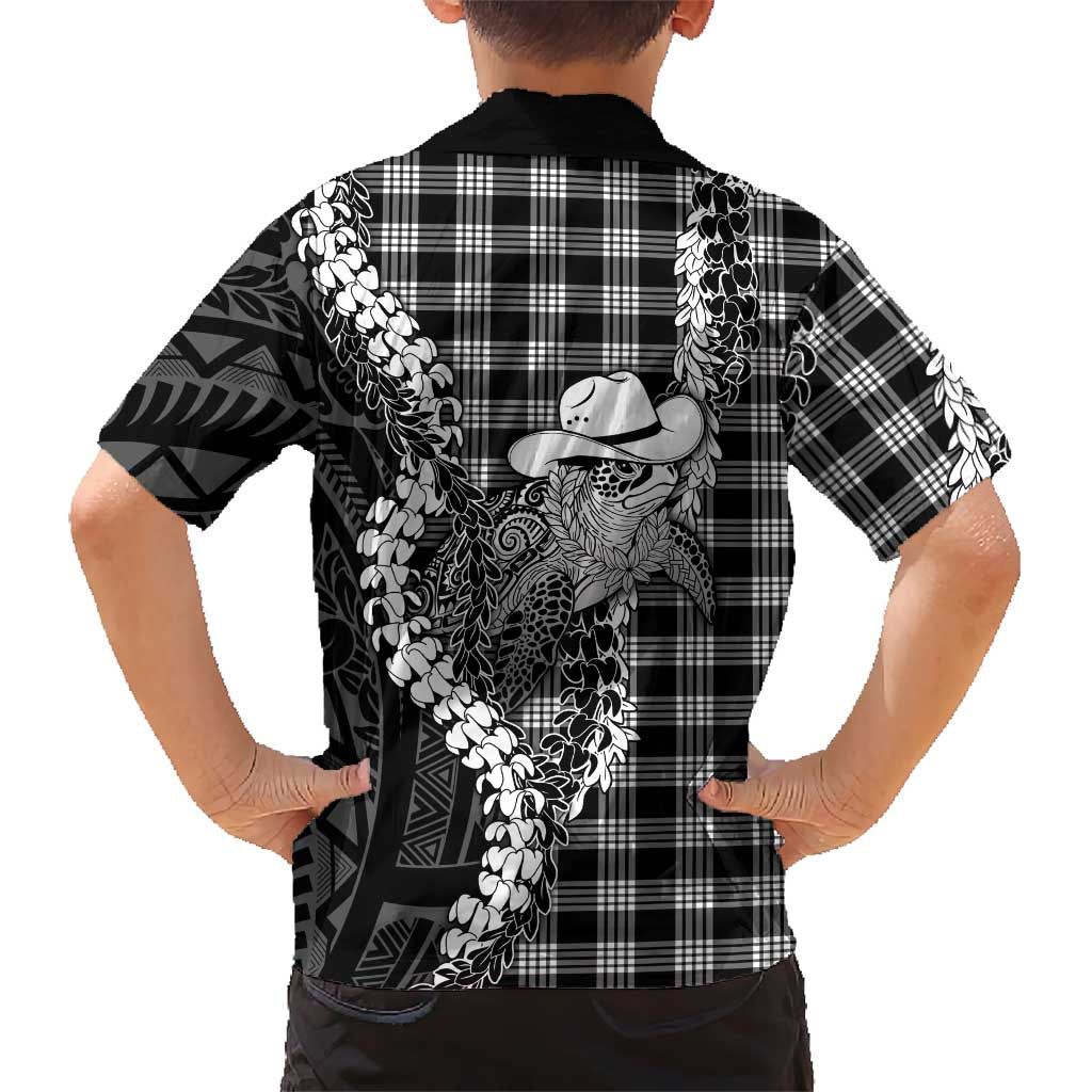 Black Hawaii Palaka Cowboy Turtle Family Matching Off Shoulder Short Dress and Hawaiian Shirt Hawaiian Paniolo Puakenikeni Maile Lei DT05 - Polynesian Pride