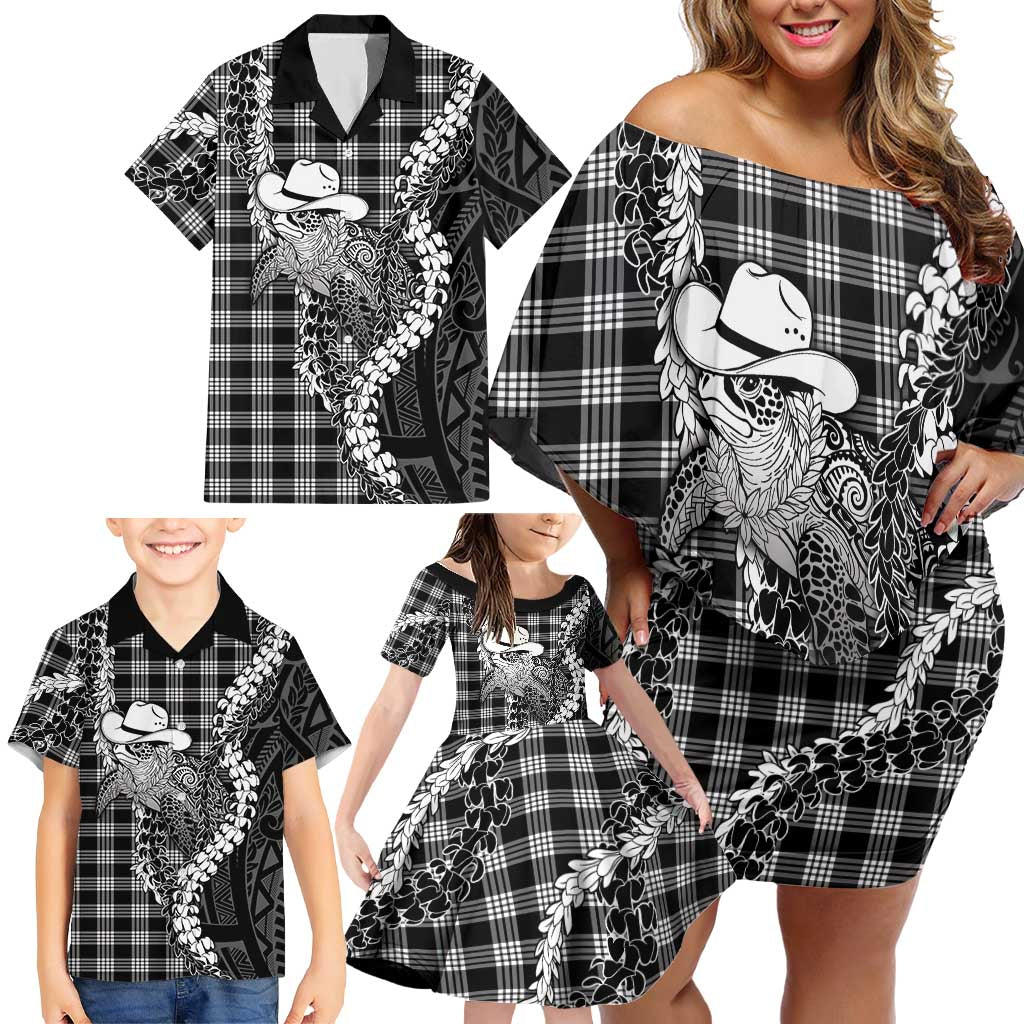 Black Hawaii Palaka Cowboy Turtle Family Matching Off Shoulder Short Dress and Hawaiian Shirt Hawaiian Paniolo Puakenikeni Maile Lei