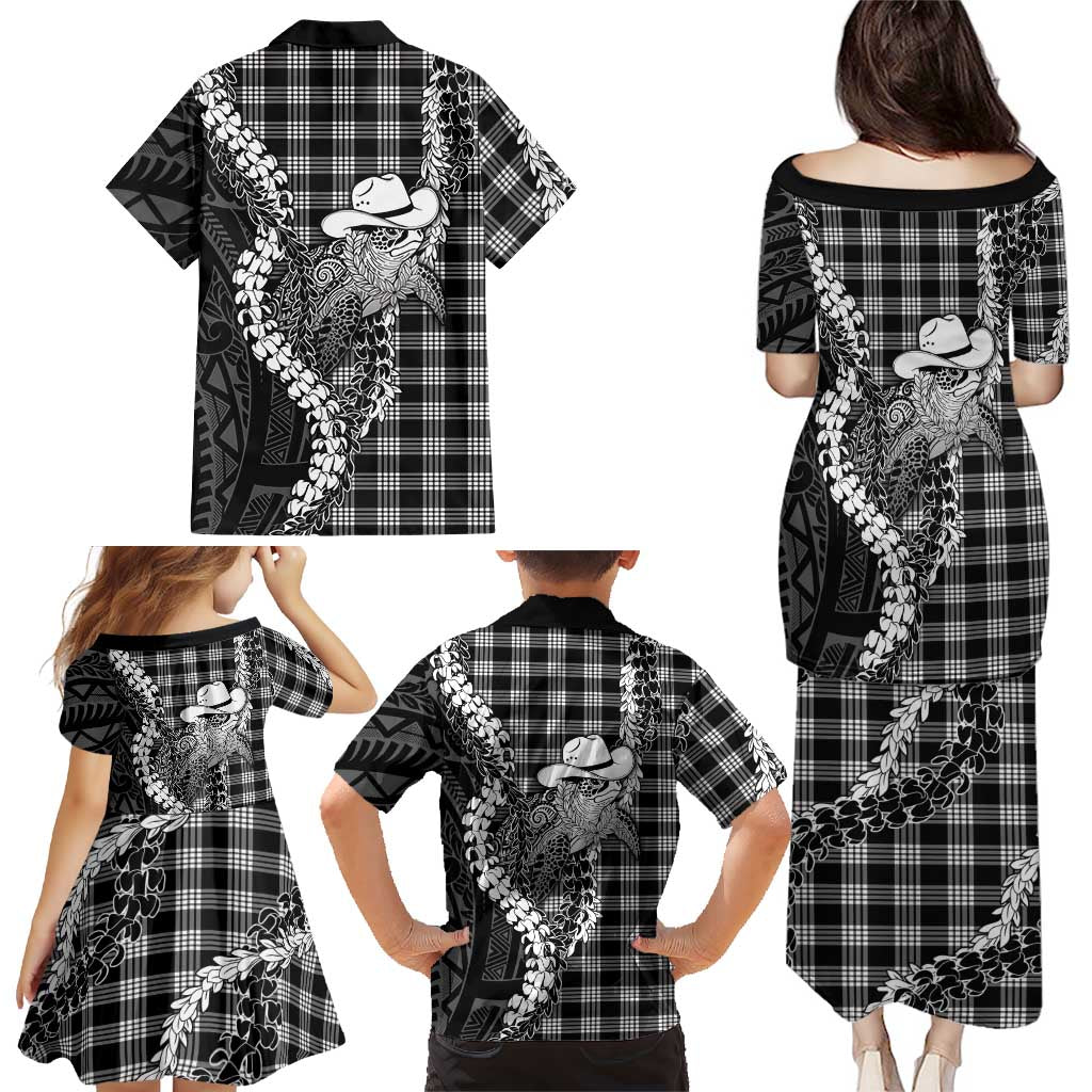 Black Hawaii Palaka Cowboy Turtle Family Matching Puletasi and Hawaiian Shirt Hawaiian Paniolo Puakenikeni Maile Lei DT05 - Polynesian Pride