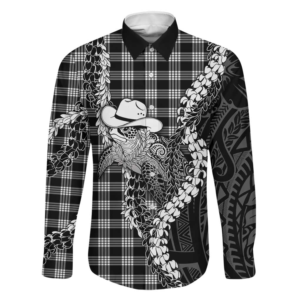 Black Hawaii Palaka Cowboy Turtle Family Matching Puletasi and Hawaiian Shirt Hawaiian Paniolo Puakenikeni Maile Lei DT05 Dad's Shirt - Long Sleeve Black - Polynesian Pride