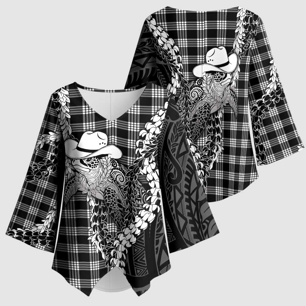 Black Hawaii Palaka Cowboy Turtle Kimono Sleeve Blouse Hawaiian Paniolo Puakenikeni Maile Lei DT05 - Polynesian Pride