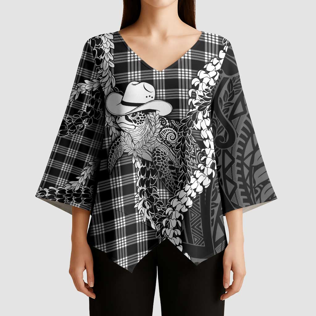 Black Hawaii Palaka Cowboy Turtle Kimono Sleeve Blouse Hawaiian Paniolo Puakenikeni Maile Lei DT05 - Polynesian Pride