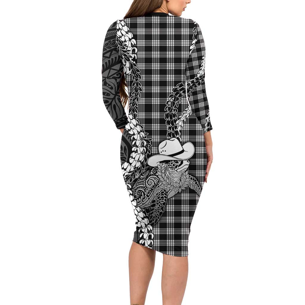 Black Hawaii Palaka Cowboy Turtle Long Sleeve Bodycon Dress Hawaiian Paniolo Puakenikeni Maile Lei