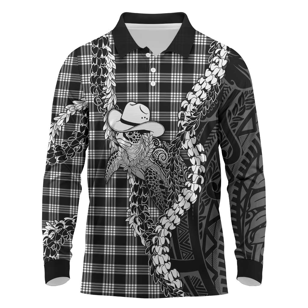 Black Hawaii Palaka Cowboy Turtle Long Sleeve Polo Shirt Hawaiian Paniolo Puakenikeni Maile Lei