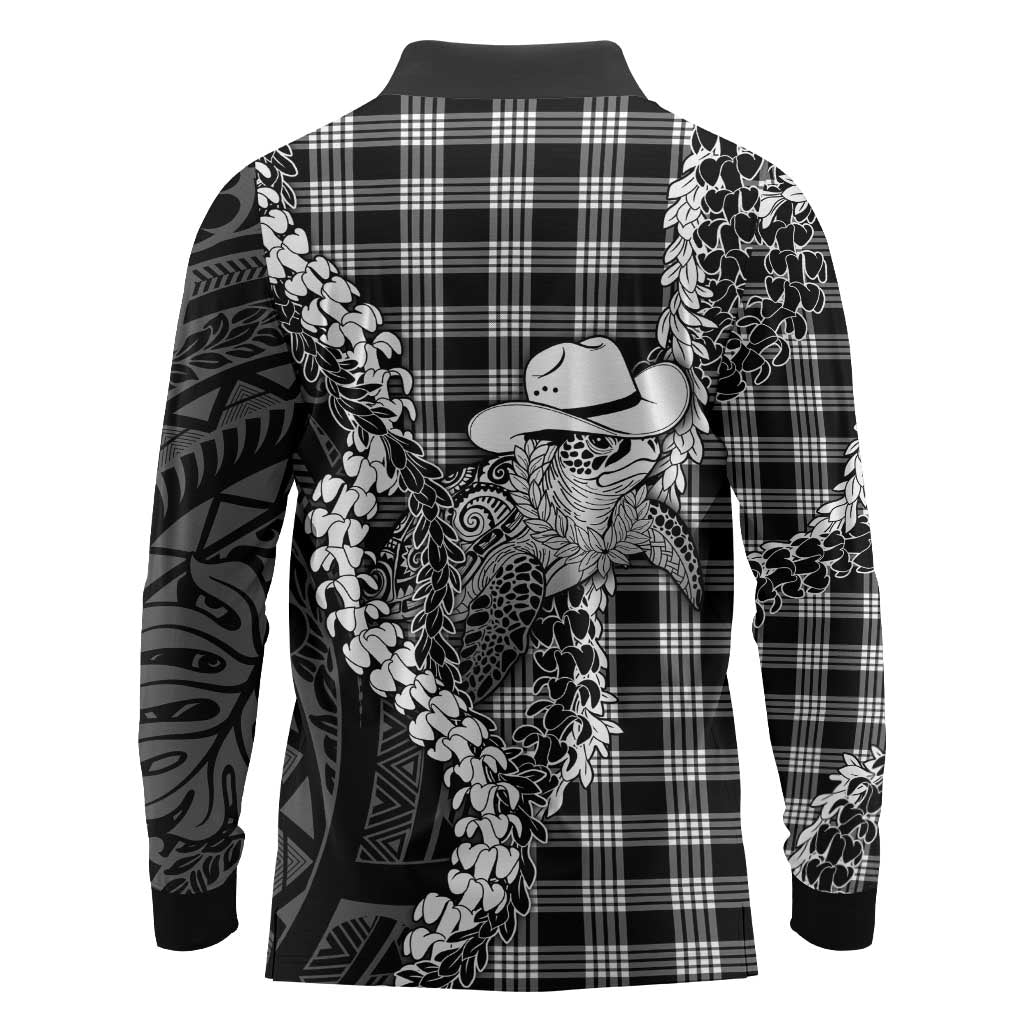 Black Hawaii Palaka Cowboy Turtle Long Sleeve Polo Shirt Hawaiian Paniolo Puakenikeni Maile Lei