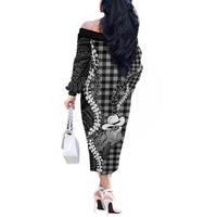 Black Hawaii Palaka Cowboy Turtle Off The Shoulder Long Sleeve Dress Hawaiian Paniolo Puakenikeni Maile Lei