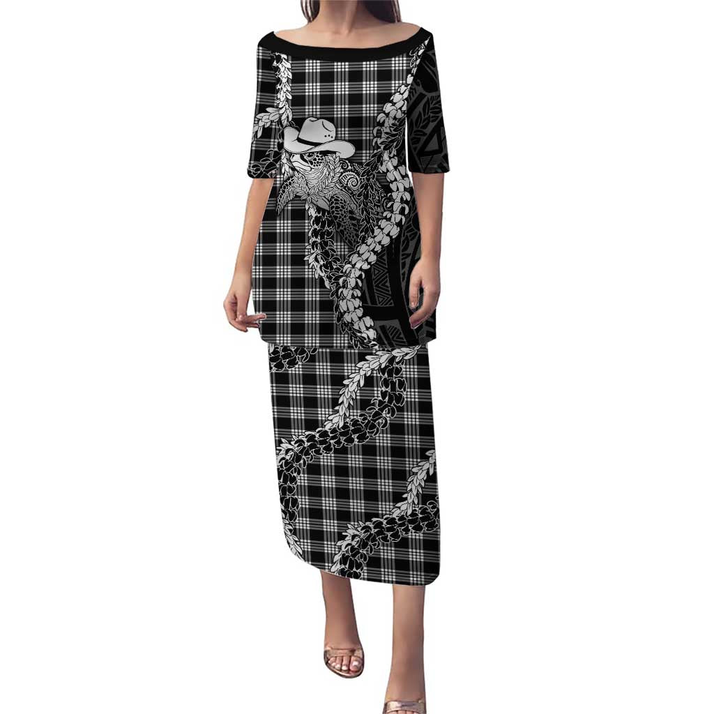 Black Hawaii Palaka Cowboy Turtle Puletasi Hawaiian Paniolo Puakenikeni Maile Lei DT05 Long Dress Black - Polynesian Pride