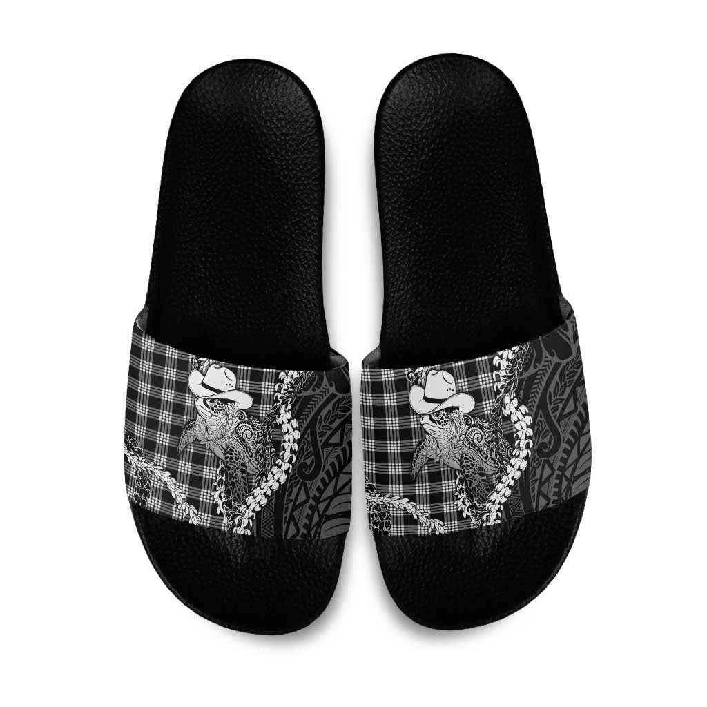 Black Hawaii Palaka Cowboy Turtle Slide Sandals Hawaiian Paniolo Puakenikeni Maile Lei