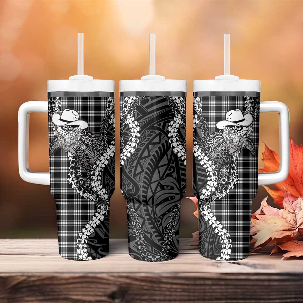 Black Hawaii Palaka Cowboy Turtle Tumbler With Handle Hawaiian Paniolo Puakenikeni Maile Lei DT05 - Polynesian Pride
