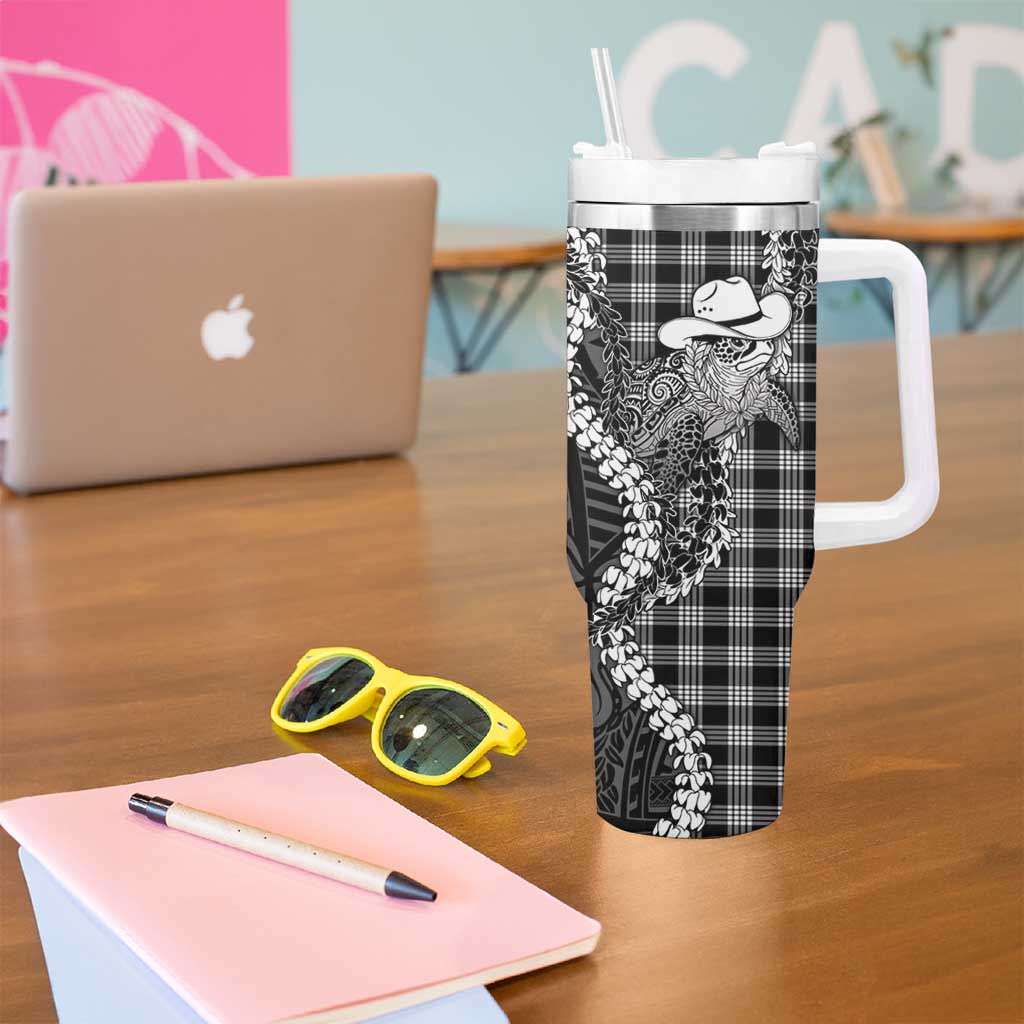 Black Hawaii Palaka Cowboy Turtle Tumbler With Handle Hawaiian Paniolo Puakenikeni Maile Lei DT05 - Polynesian Pride