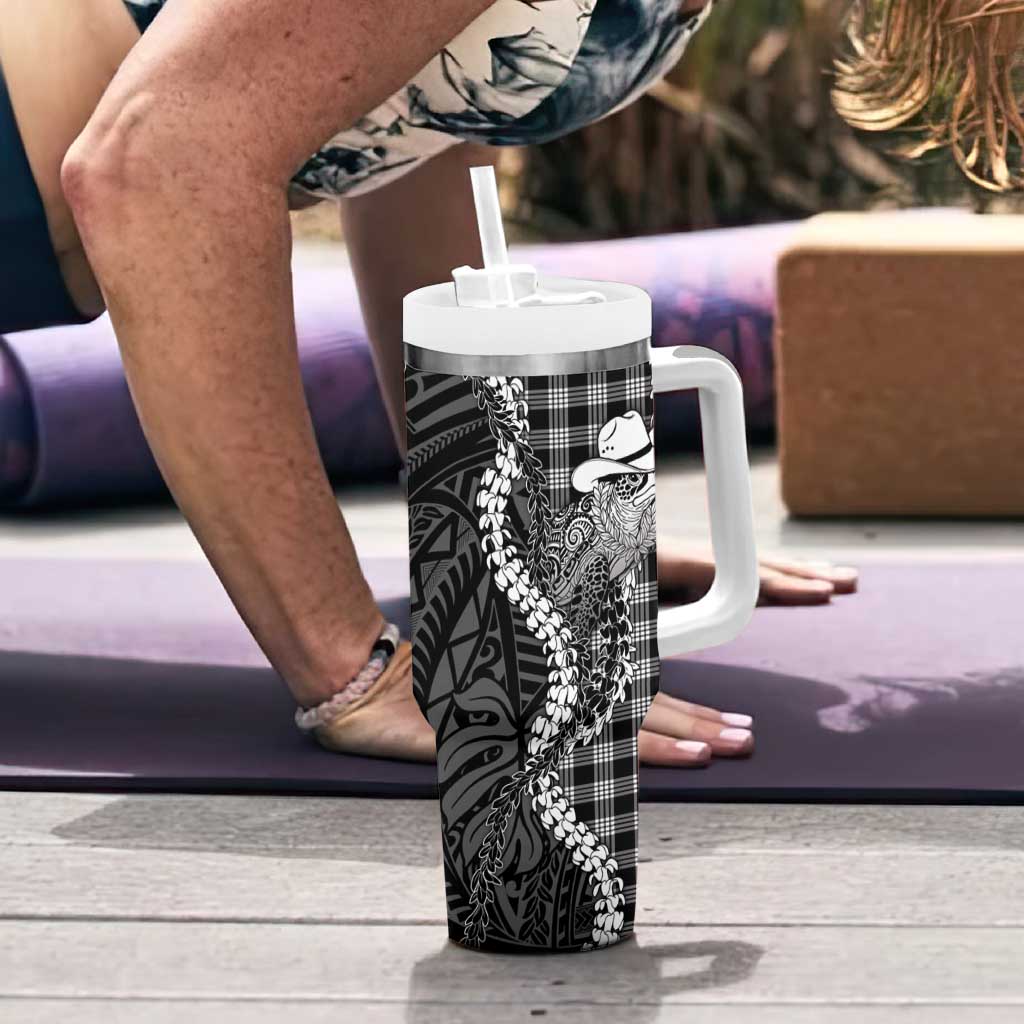 Black Hawaii Palaka Cowboy Turtle Tumbler With Handle Hawaiian Paniolo Puakenikeni Maile Lei DT05 - Polynesian Pride