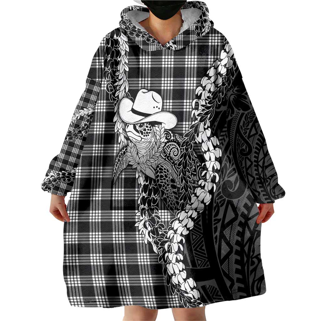 Black Hawaii Palaka Cowboy Turtle Wearable Blanket Hoodie Hawaiian Paniolo Puakenikeni Maile Lei