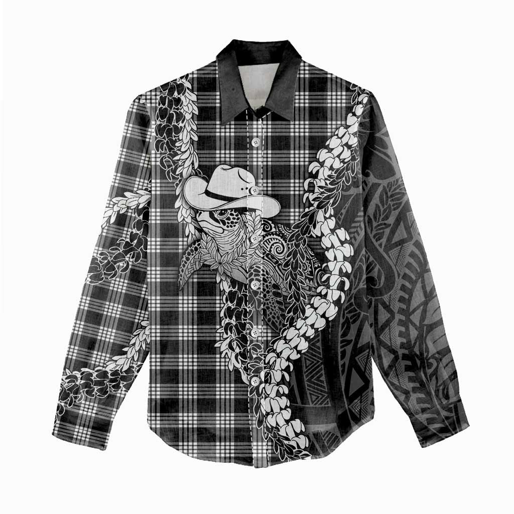 Black Hawaii Palaka Cowboy Turtle Women Casual Shirt Hawaiian Paniolo Puakenikeni Maile Lei