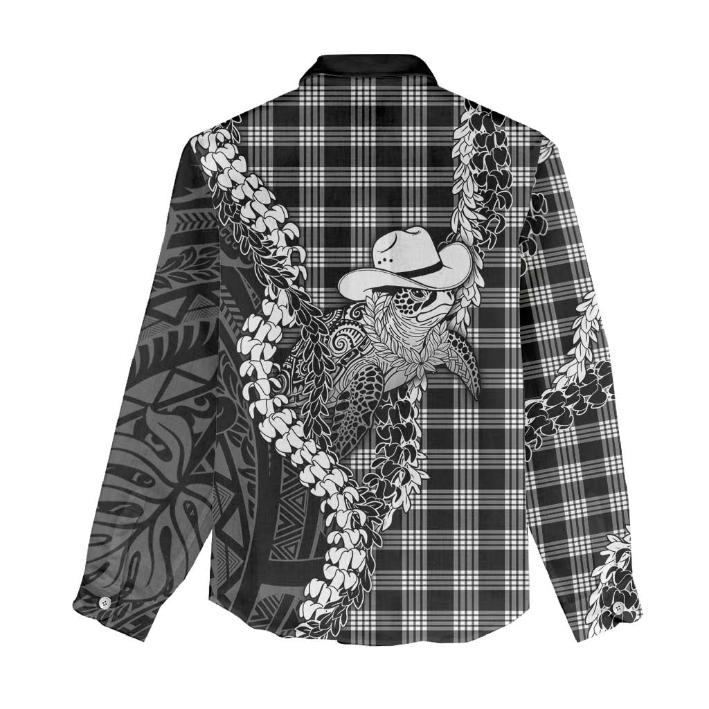 Black Hawaii Palaka Cowboy Turtle Women Casual Shirt Hawaiian Paniolo Puakenikeni Maile Lei