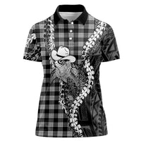 Black Hawaii Palaka Cowboy Turtle Women Polo Shirt Hawaiian Paniolo Puakenikeni Maile Lei