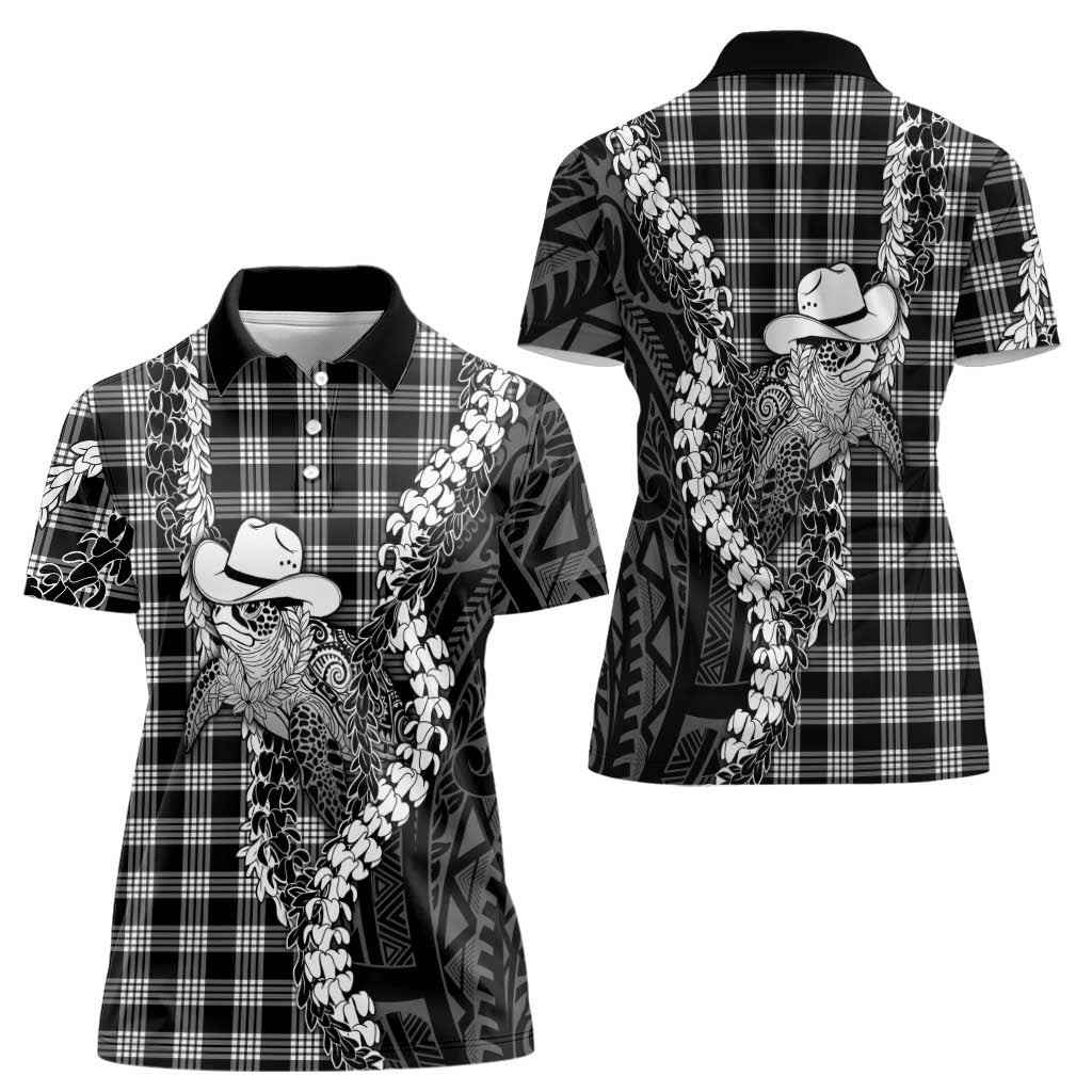 Black Hawaii Palaka Cowboy Turtle Women Polo Shirt Hawaiian Paniolo Puakenikeni Maile Lei