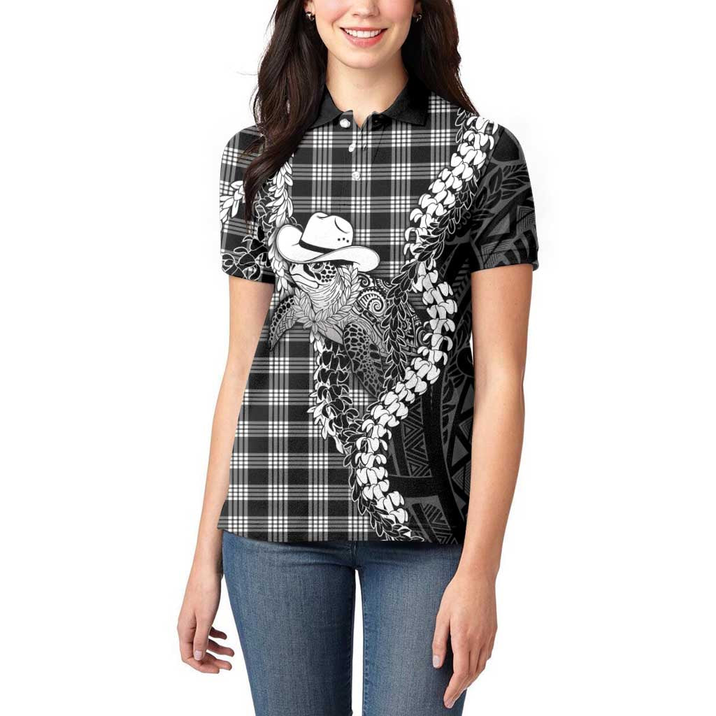 Black Hawaii Palaka Cowboy Turtle Women Polo Shirt Hawaiian Paniolo Puakenikeni Maile Lei