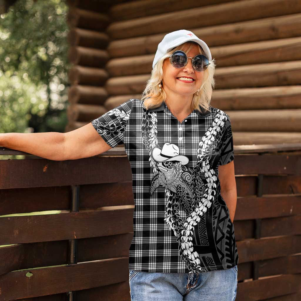 Black Hawaii Palaka Cowboy Turtle Women Polo Shirt Hawaiian Paniolo Puakenikeni Maile Lei