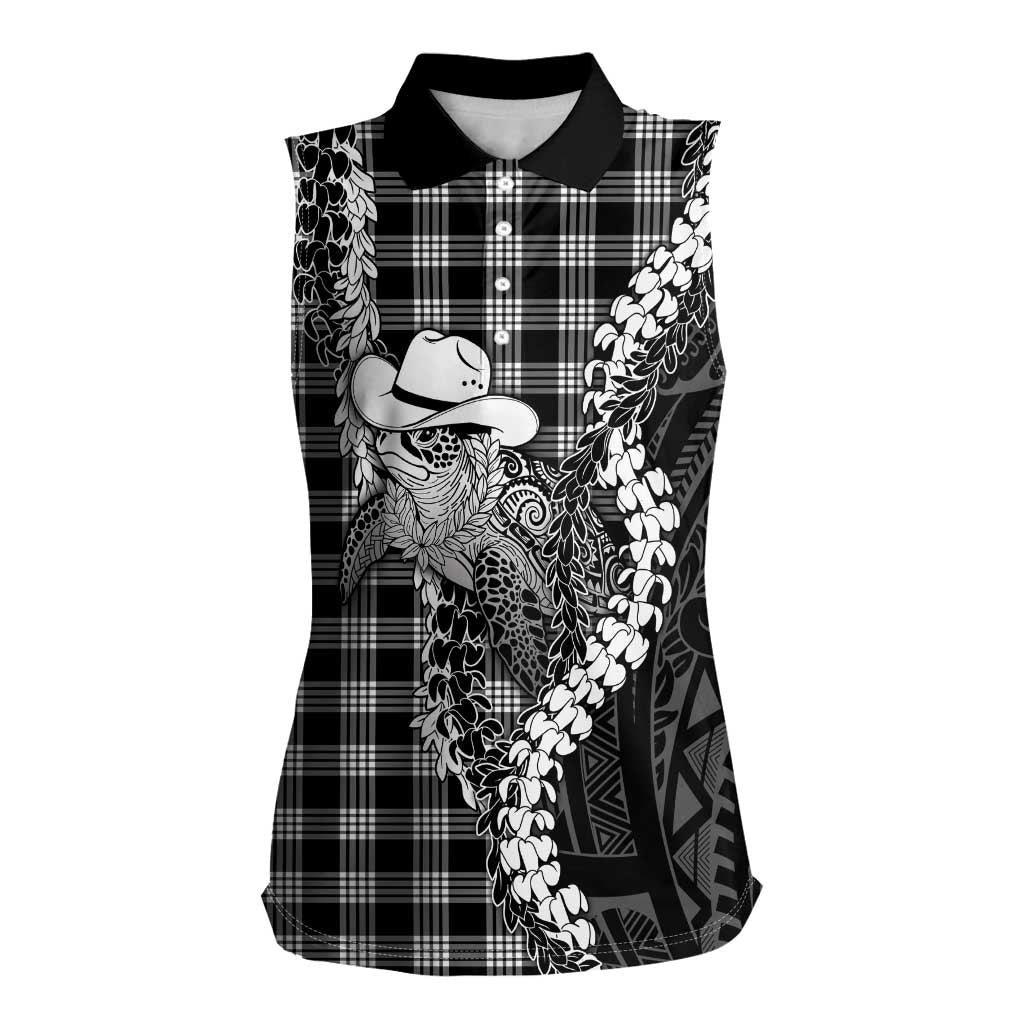Black Hawaii Palaka Cowboy Turtle Women Sleeveless Polo Shirt Hawaiian Paniolo Puakenikeni Maile Lei
