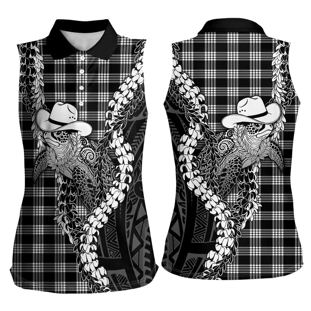 Black Hawaii Palaka Cowboy Turtle Women Sleeveless Polo Shirt Hawaiian Paniolo Puakenikeni Maile Lei