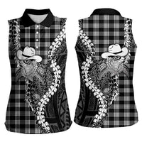 Black Hawaii Palaka Cowboy Turtle Women Sleeveless Polo Shirt Hawaiian Paniolo Puakenikeni Maile Lei