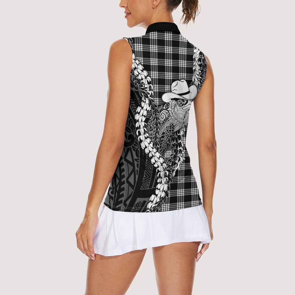 Black Hawaii Palaka Cowboy Turtle Women Sleeveless Polo Shirt Hawaiian Paniolo Puakenikeni Maile Lei