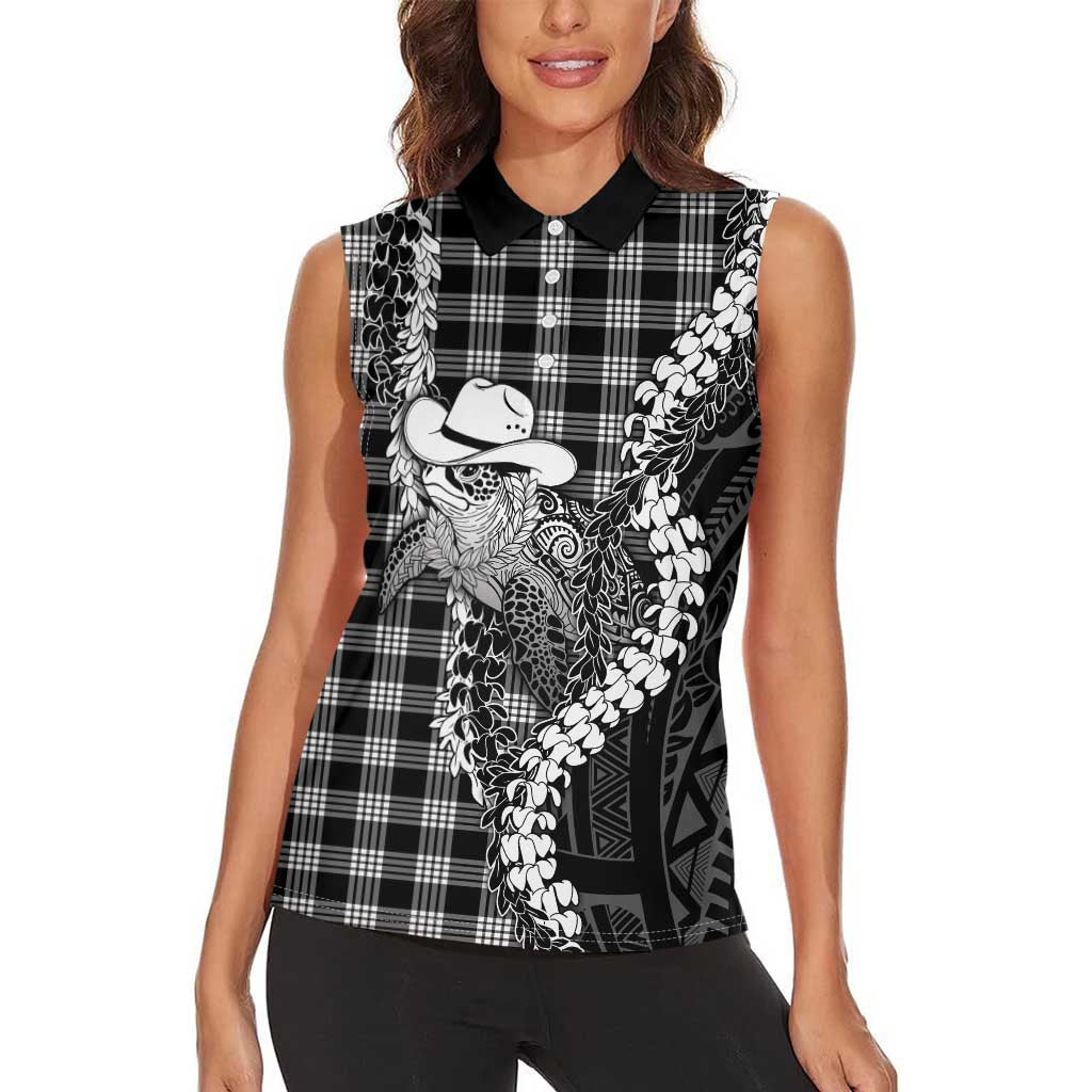Black Hawaii Palaka Cowboy Turtle Women Sleeveless Polo Shirt Hawaiian Paniolo Puakenikeni Maile Lei