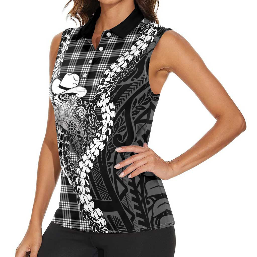 Black Hawaii Palaka Cowboy Turtle Women Sleeveless Polo Shirt Hawaiian Paniolo Puakenikeni Maile Lei