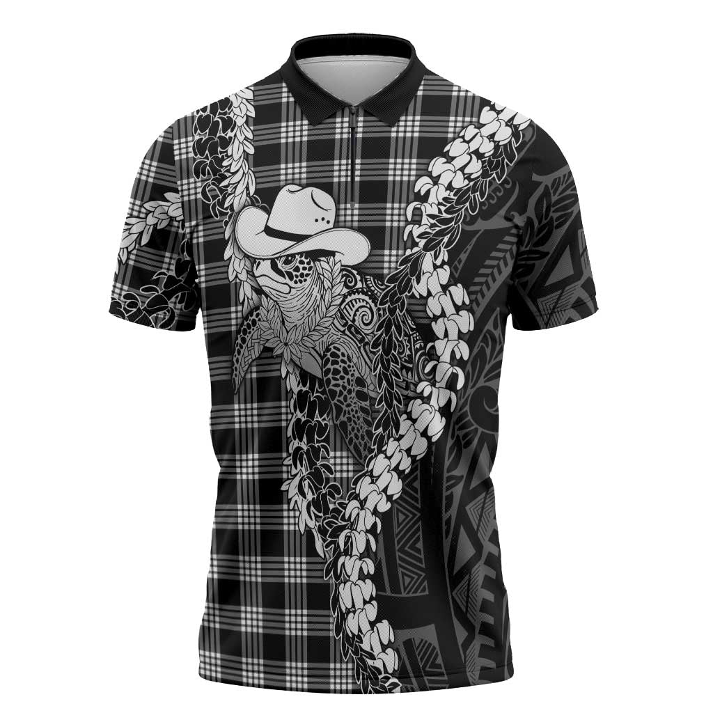 Black Hawaii Palaka Cowboy Turtle Zipper Polo Shirt Hawaiian Paniolo Puakenikeni Maile Lei