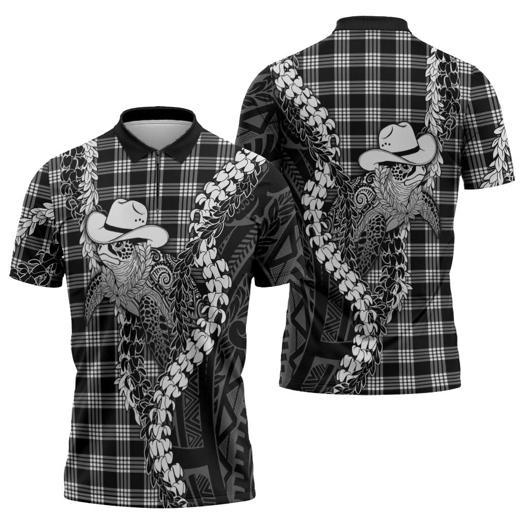 Black Hawaii Palaka Cowboy Turtle Zipper Polo Shirt Hawaiian Paniolo Puakenikeni Maile Lei