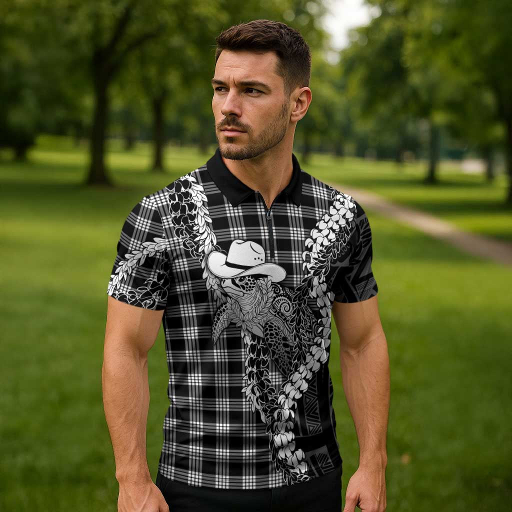 Black Hawaii Palaka Cowboy Turtle Zipper Polo Shirt Hawaiian Paniolo Puakenikeni Maile Lei