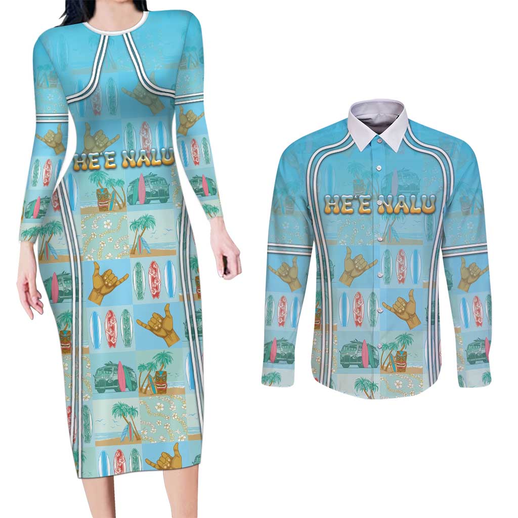Custom Hawaii Surfing Couples Matching Long Sleeve Bodycon Dress and Long Sleeve Button Shirt He'e Nalu
