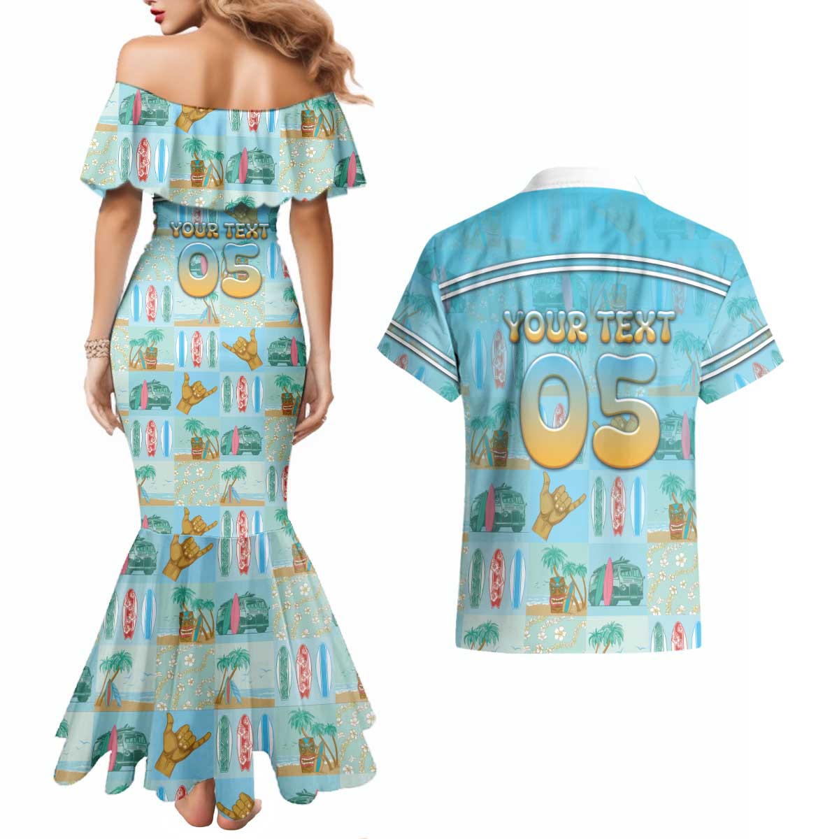 Custom Hawaii Surfing Couples Matching Mermaid Dress and Hawaiian Shirt He'e Nalu DT05 - Polynesian Pride