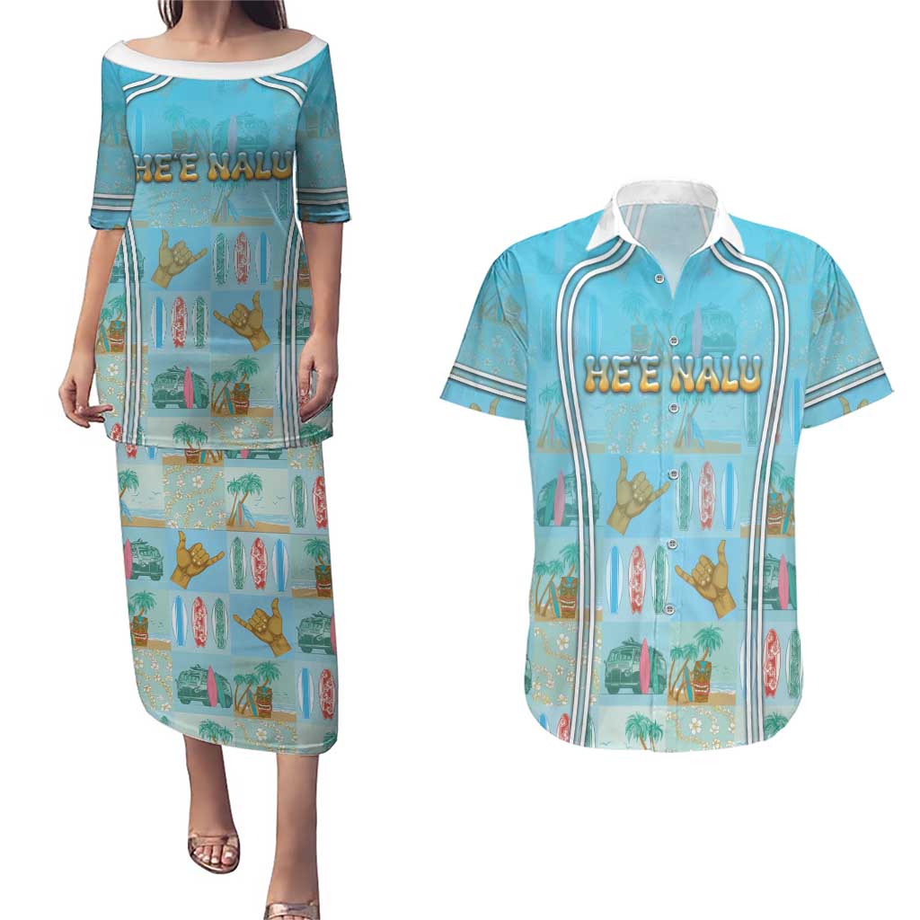 Custom Hawaii Surfing Couples Matching Puletasi and Hawaiian Shirt He'e Nalu