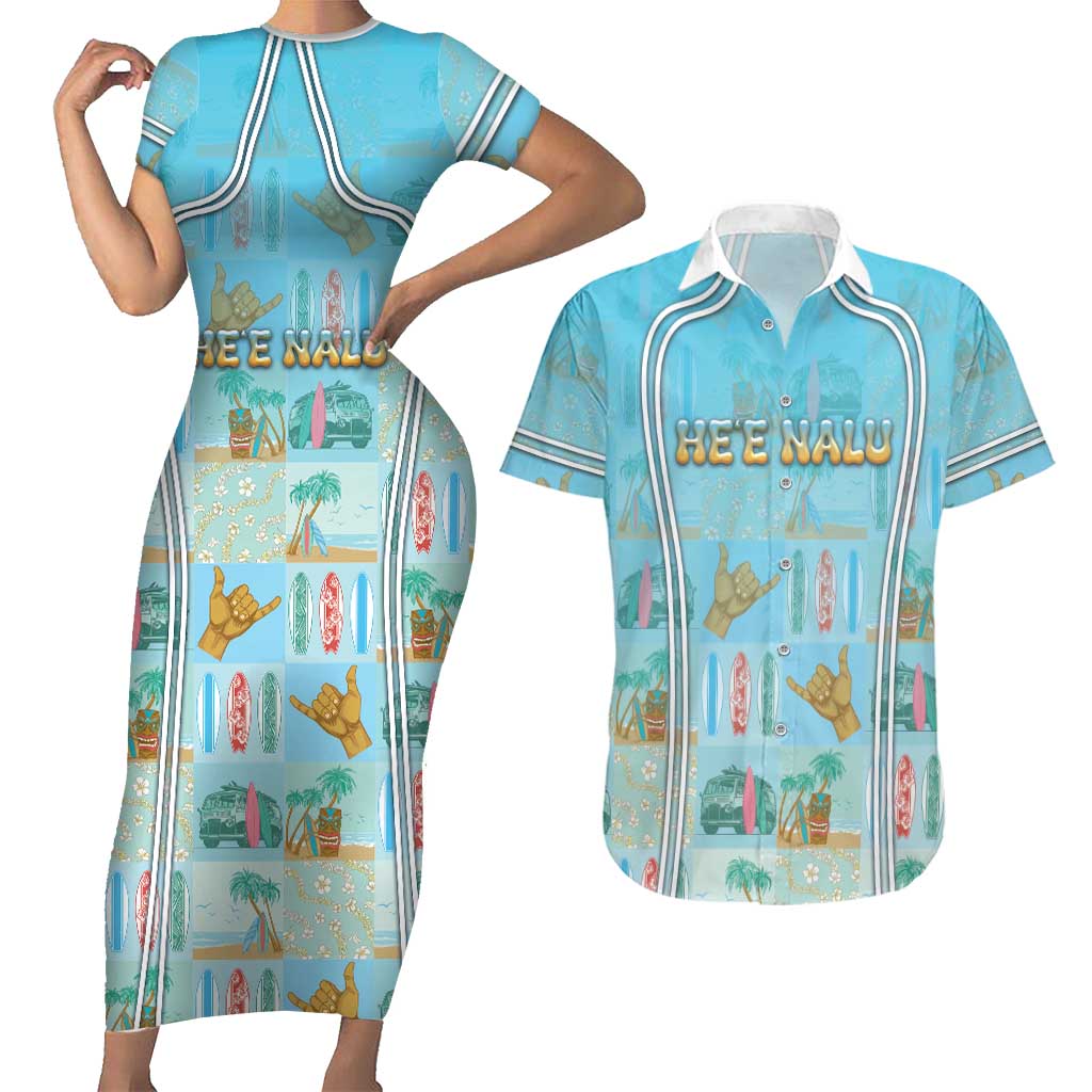 Custom Hawaii Surfing Couples Matching Short Sleeve Bodycon Dress and Hawaiian Shirt He'e Nalu DT05 Blue - Polynesian Pride