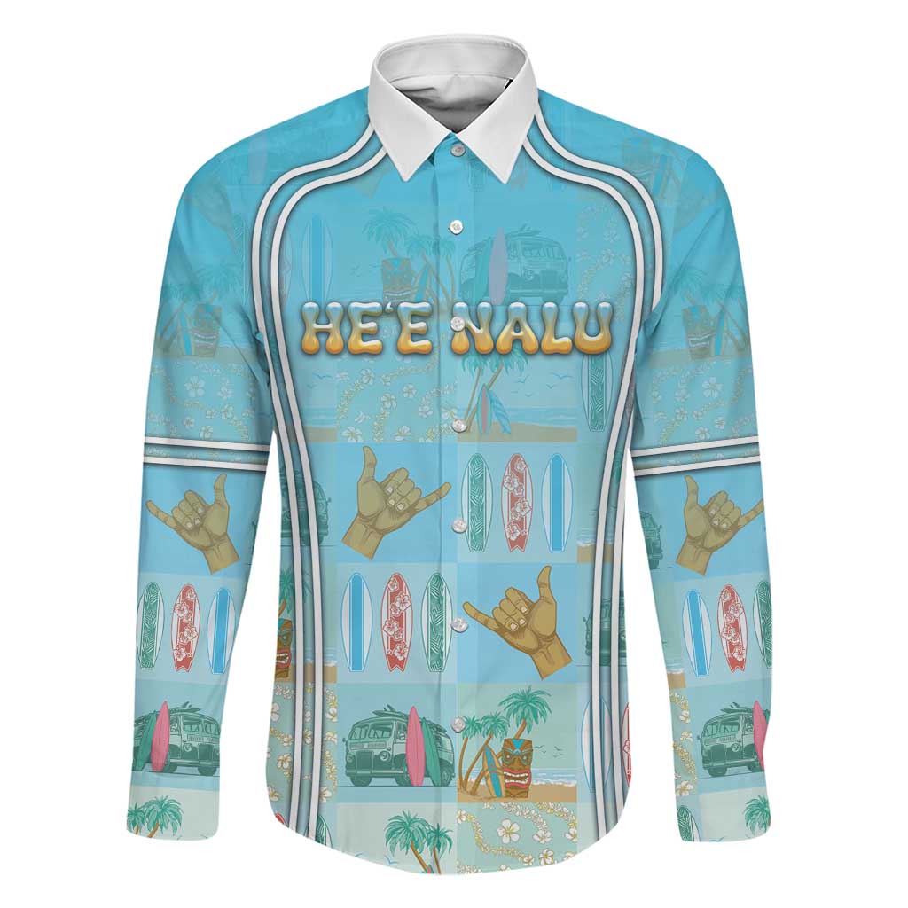 Custom Hawaii Surfing Family Matching Mermaid Dress and Hawaiian Shirt He'e Nalu DT05 Dad's Shirt - Long Sleeve Blue - Polynesian Pride