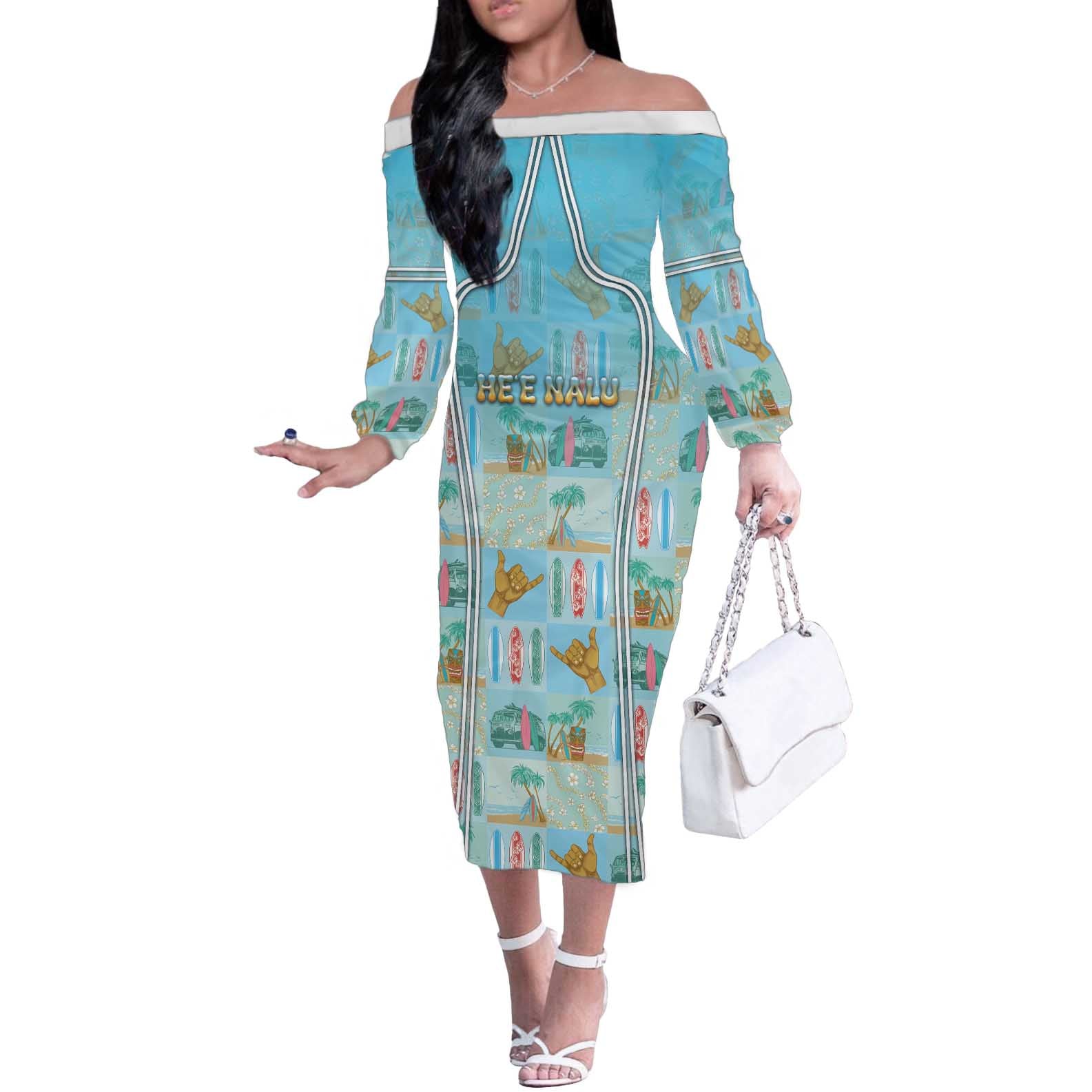 Custom Hawaii Surfing Off The Shoulder Long Sleeve Dress He'e Nalu DT05 Women Blue - Polynesian Pride