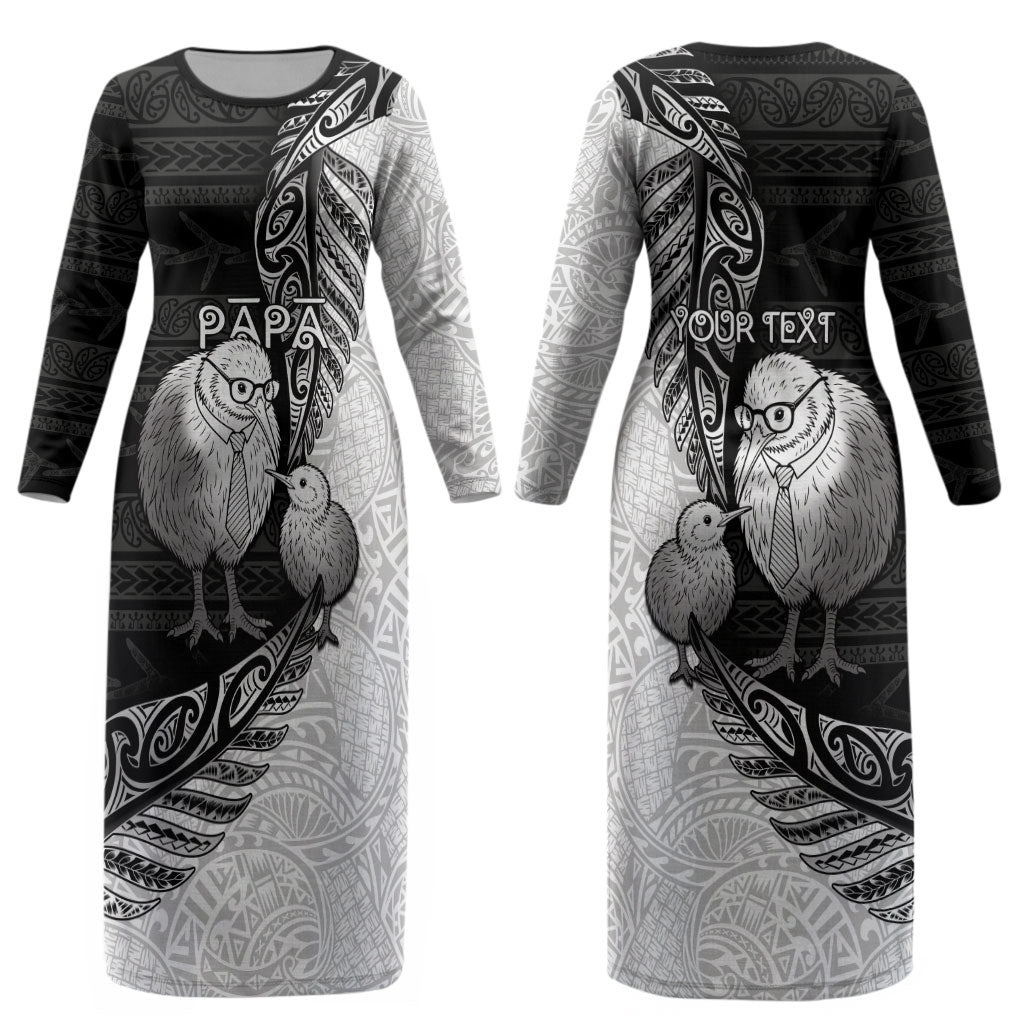 Personalised New Zealand Father's Day Couples Matching Long Sleeve Bodycon Dress and Hawaiian Shirt Papa Kiwi Bird Tribal Pattern