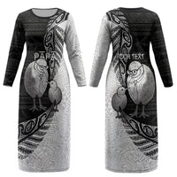 Personalised New Zealand Father's Day Couples Matching Long Sleeve Bodycon Dress and Hawaiian Shirt Papa Kiwi Bird Tribal Pattern