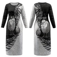 Personalised New Zealand Father's Day Couples Matching Long Sleeve Bodycon Dress and Long Sleeve Button Shirt Papa Kiwi Bird Tribal Pattern