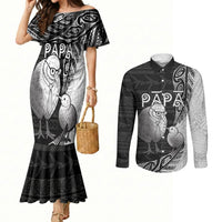 Personalised New Zealand Father's Day Couples Matching Mermaid Dress and Long Sleeve Button Shirt Papa Kiwi Bird Tribal Pattern