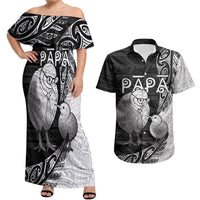 Personalised New Zealand Father's Day Couples Matching Off Shoulder Maxi Dress and Hawaiian Shirt Papa Kiwi Bird Tribal Pattern